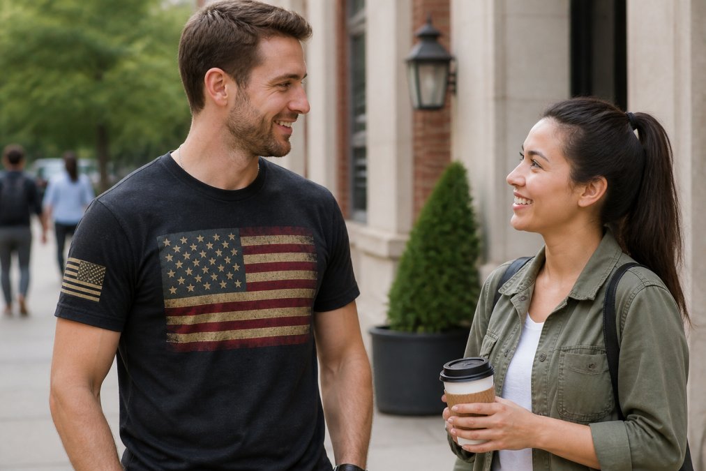 Two people in a casual outdoor setting making genuine eye contact and smiling, one wearing a visible patriotic graphic t-shirt, demonstrating natural social interaction and authentic connection