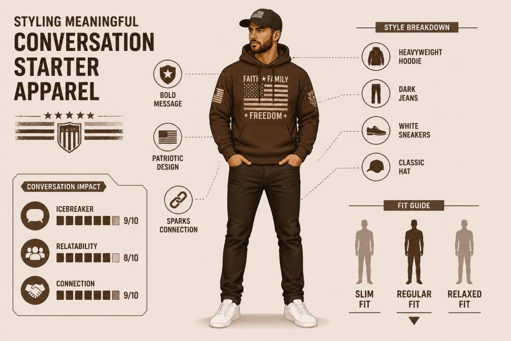 Person wearing a heavy-weight patriotic hoodie styled casually with dark jeans and clean white sneakers, standing with confident posture in natural daylight, showing how conversation starter apparel integrates into everyday wear