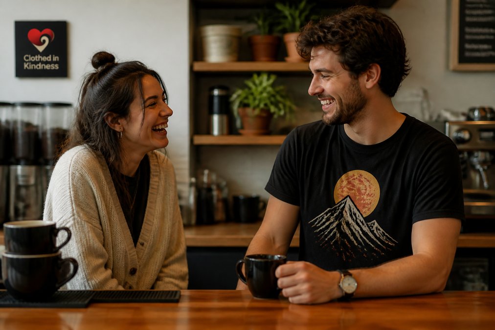 Two people laughing at a coffee shop while wearing bold conversation starter shirts to break the ice.