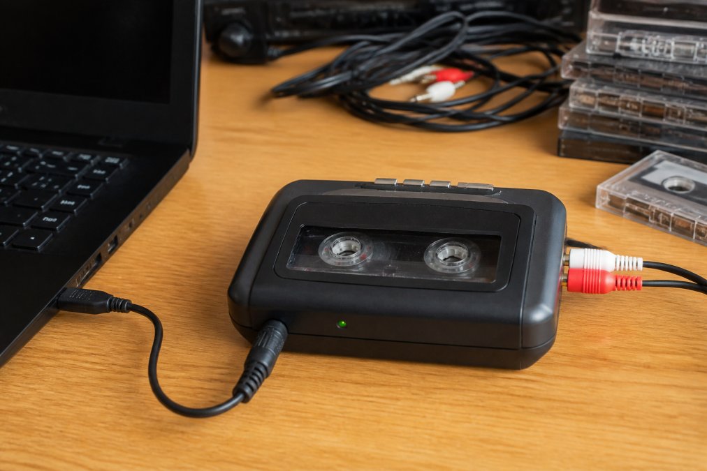 Close-up of a USB cassette converter connected to a laptop via USB cable, with cassette tape inserted and RCA audio cables visible in the background of a home desk setup