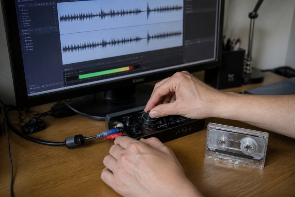 Hands adjusting audio levels and waveform display on a computer screen showing audio editing software with cassette tape visible on desk beside the monitor