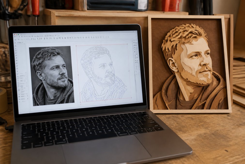 Vector software converting a photo into paths for layered laser files on a wooden art piece