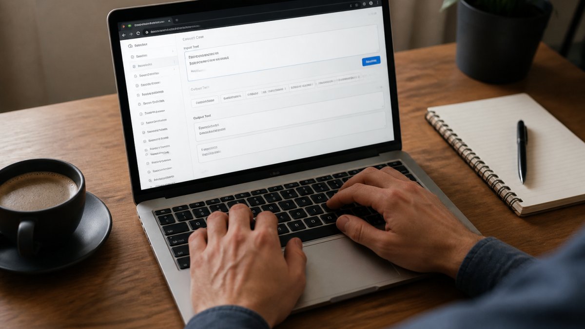 Close-up of hands typing on a laptop keyboard with a browser window open showing a text case converter tool, coffee cup and notebook nearby on a wooden desk