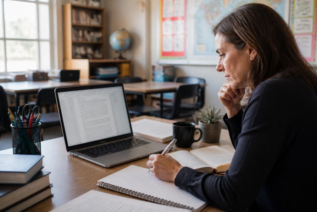 Teacher sitting at desk with laptop, reviewing a Word document on screen while taking notes, modern classroom environment with educational posters and natural window lighting in background