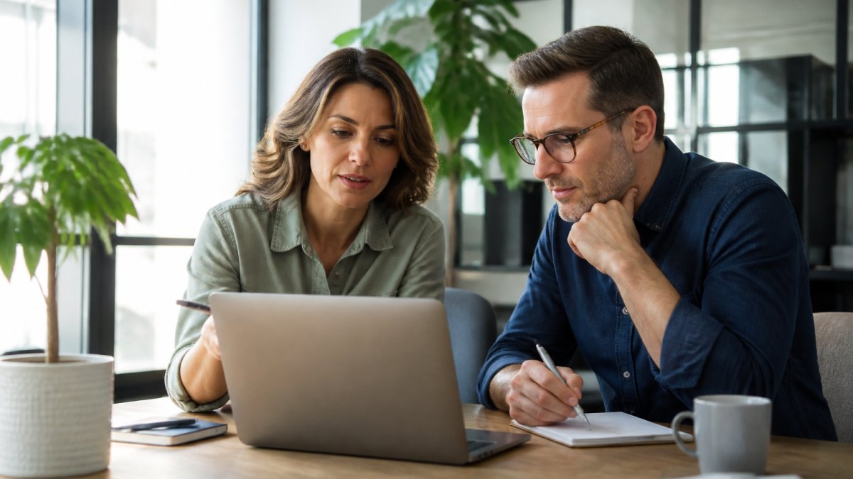 Marketing director and e-commerce manager reviewing real-time conversion analytics and A/B test results on a laptop in a bright modern office workspace