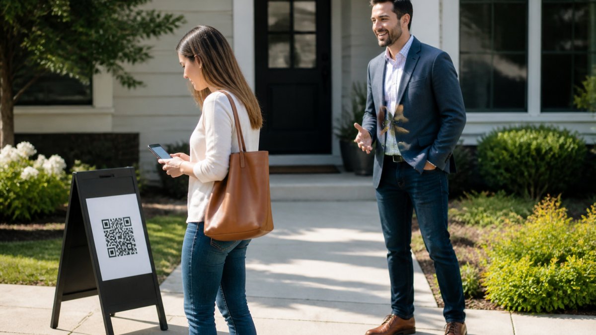Real estate agent having a relaxed conversation with an open house visitor in a light-filled living room, both standing naturally with the agent leaning in attentively, no clipboard or aggressive posture, soft natural window lighting