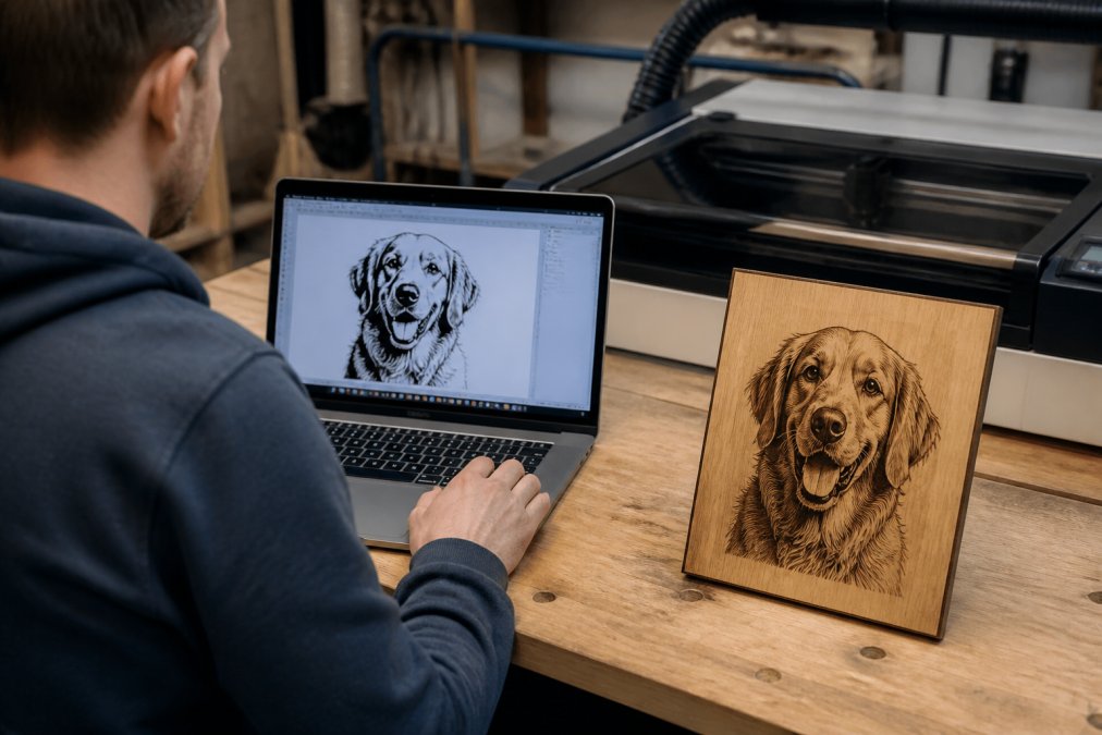 Person reviewing laser ready vectors on a laptop next to a laser engraver and a finished wooden plaque