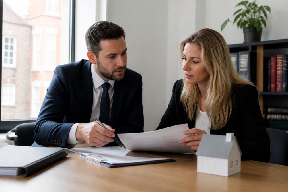 Professional conveyancer and solicitor reviewing property documents together at a desk with house model and client paperwork visible in modern office setting