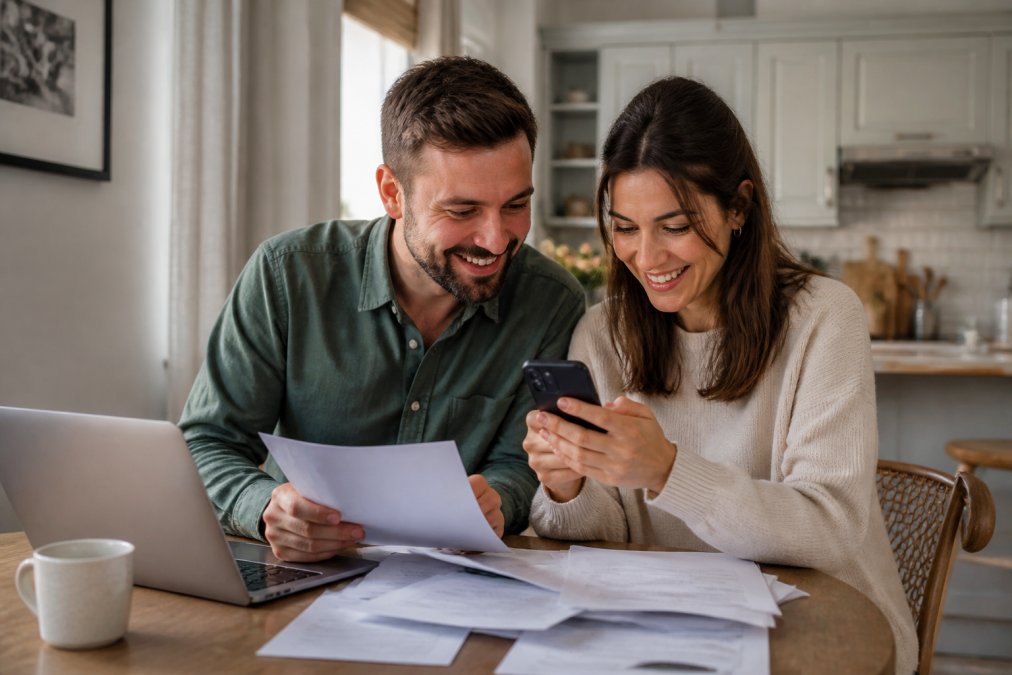 A first-time buyer couple sitting at a kitchen table reviewing printed conveyancing paperwork with a laptop open, looking relieved as they read an email update on their phone