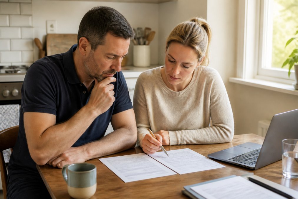 A homeowner at a kitchen table reviewing two printed conveyancing quotes side by side, pen in hand, laptop open nearby with a comparison website on screen, warm afternoon light through the window