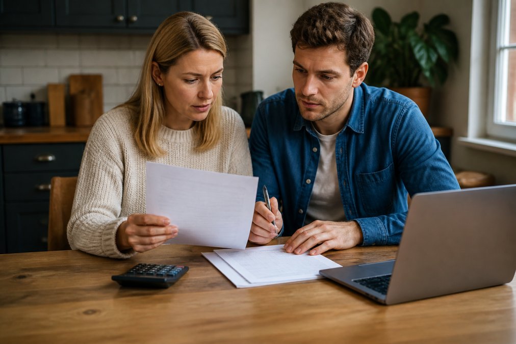A couple sitting at a kitchen table reviewing a conveyancing quote letter and comparing it against a printed checklist, with a laptop open and a calculator nearby