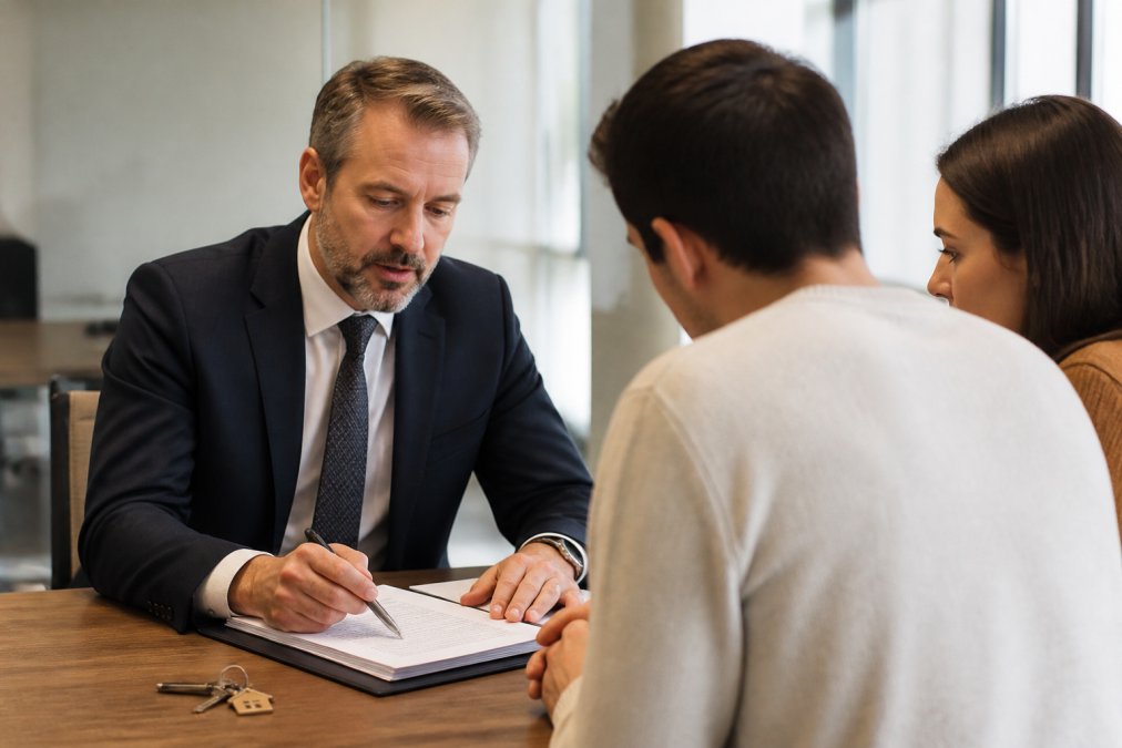 A professional legal adviser at a desk reviewing property title documents with a client in a bright modern office, house keys and a folder of paperwork on the table
