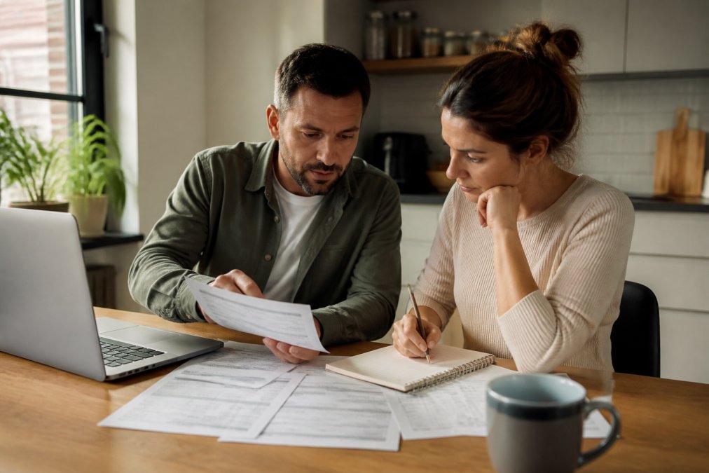 A person at a kitchen table reviewing multiple printed conveyancing quotes alongside a laptop and notepad, with a pen in hand making notes