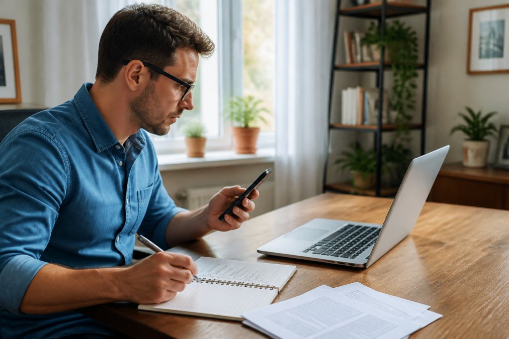 A person at a wooden desk reviewing mortgage paperwork on a laptop, with a phone in hand and a notepad showing a checklist of solicitor names, in a bright home office with natural light
