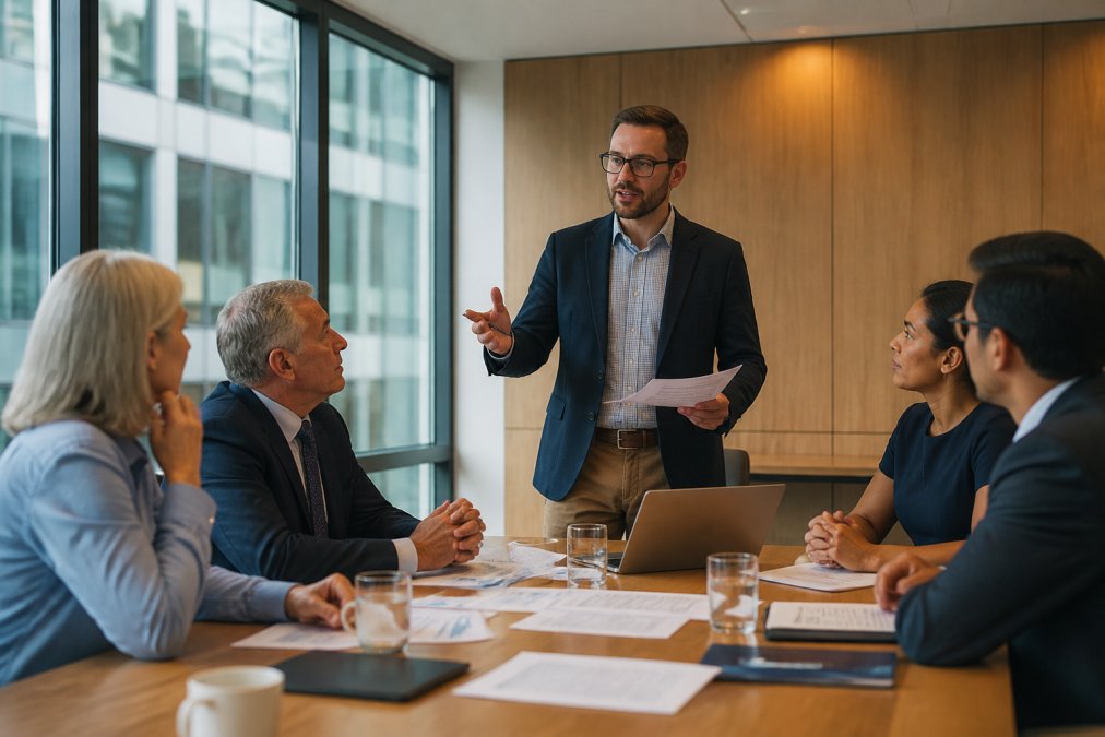 A business professional presenting slides to a small group of attentive senior colleagues in a modern meeting room, natural overhead lighting, laptop open and printed documents spread across the table