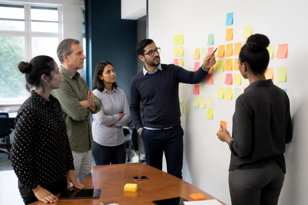 A diverse team of colleagues gathered around a whiteboard covered in colourful sticky notes during a collaborative workshop session, one person gesturing towards the board while others listen attentively in a bright modern office
