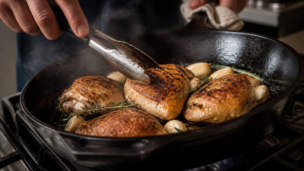 Close-up of chef's hands searing chicken thigh in hot cast-iron skillet with garlic and fresh herbs visible, steam rising, warm kitchen lighting