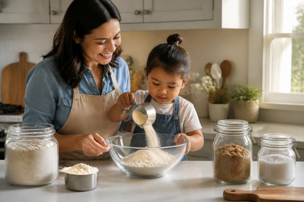 A parent and young child measuring dry ingredients together into a large glass mixing bowl on a bright kitchen counter, with labeled jars of organic flour, brown sugar, and sea salt arranged nearby in warm afternoon light
