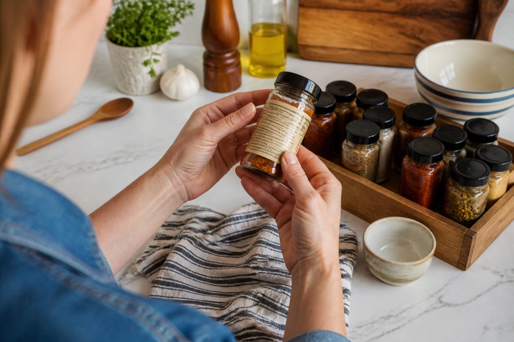 Close-up of a person's hands holding a small glass spice jar, turning it to read the ingredient label under bright, warm kitchen lighting on a white marble countertop