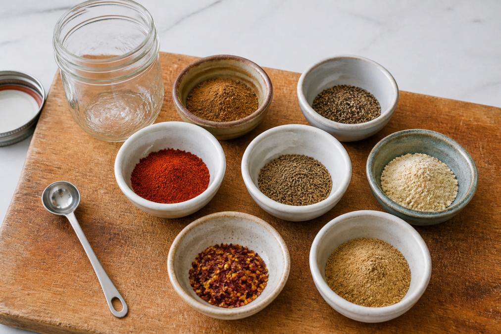 Overhead shot of small ceramic bowls filled with colorful ground spices including paprika, cumin, and chili powder, arranged on a worn wooden cutting board with a measuring spoon and an empty mason jar on a bright kitchen counter