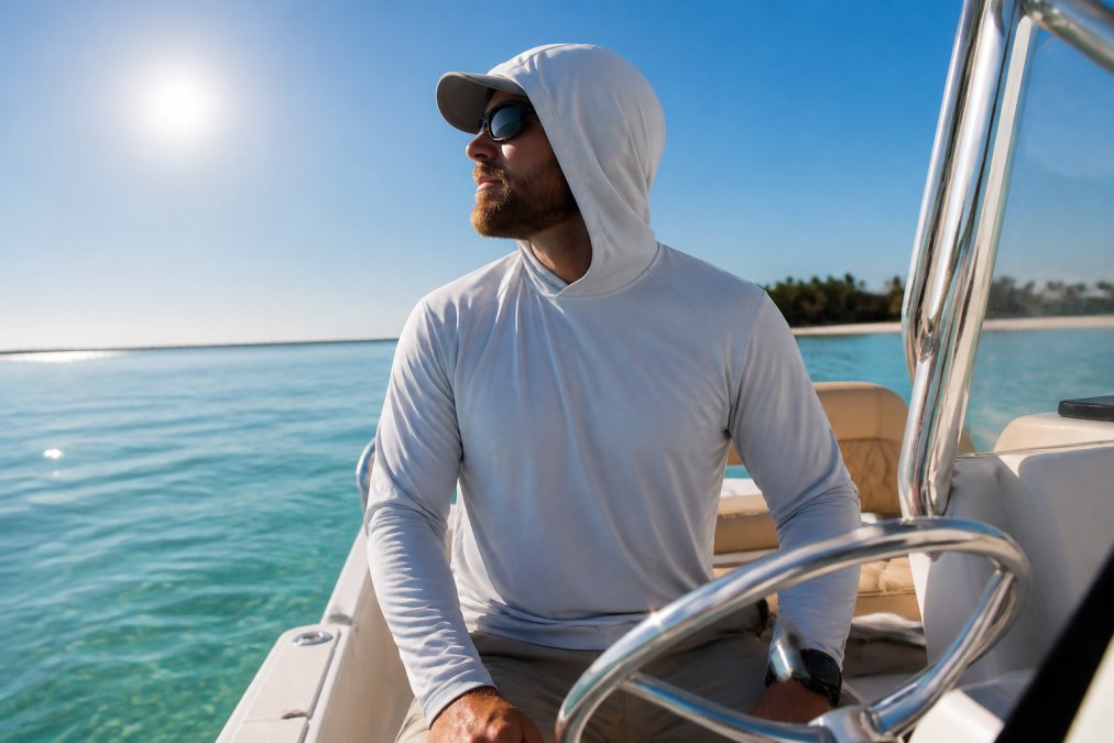 Person wearing a lightweight long sleeve sun hoodie while boating on calm coastal waters, with clear blue sky and sun visible, demonstrating the garment's comfort and fit during water activities