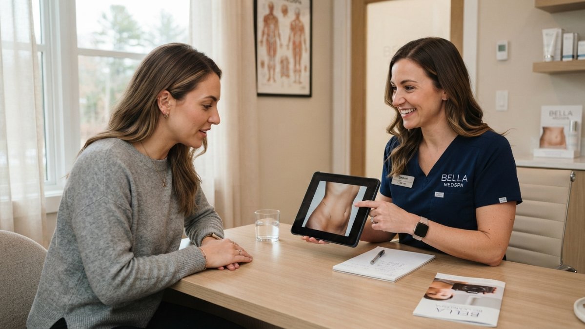 A patient sitting in a bright, modern medical spa consultation room, talking with a female clinician who is pointing to a tablet screen showing body contouring information
