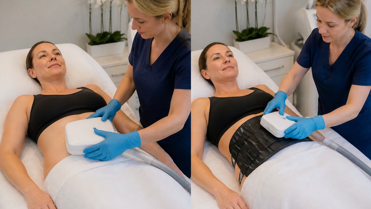 A woman in her 40s lying comfortably on a treatment bed in a bright, modern medspa room while a clinician in scrubs positions a body-contouring applicator on her abdomen