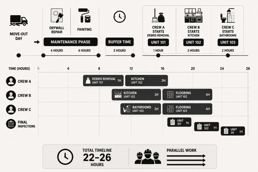 Timeline diagram showing typical unit turnover sequence with staggered crews: Move-out day, Maintenance phase (drywall repair 4 hours, painting 6 hours), Buffer time (2 hours), Crew A starts debris removal Unit 101 (1 hour), Crew B starts kitchen Unit 102 (3 hours), Crew C starts bathrooms Unit 103 (2 hours), Crew A moves to kitchen Unit 102, Crew B moves to flooring Unit 102, Crew C moves to flooring Unit 103, Final inspections staggered, Total timeline 22-26 hours with parallel work