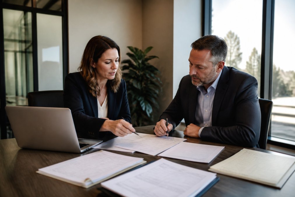 Financial advisor and CPA meeting at a conference table with financial documents, laptop, and tax forms spread across the surface in a professional office with natural window lighting