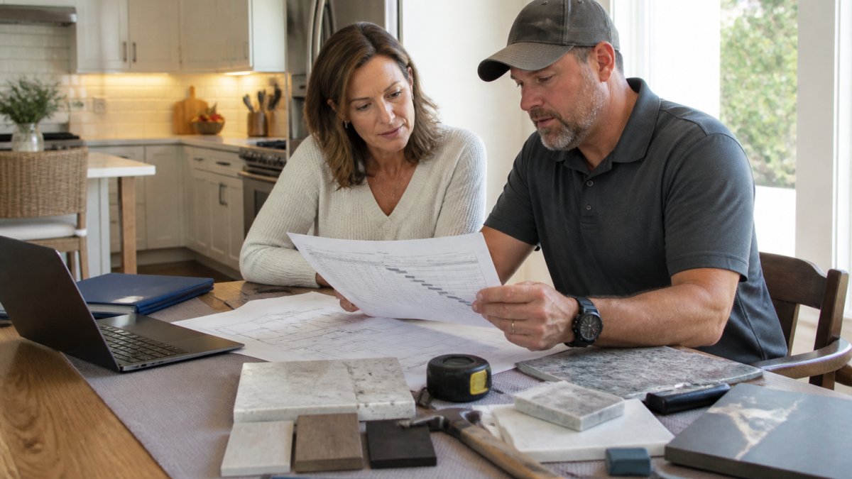 A homeowner and a general contractor reviewing a printed renovation schedule at a kitchen table, with blueprints and a laptop nearby, discussing the project timeline in a bright home setting
