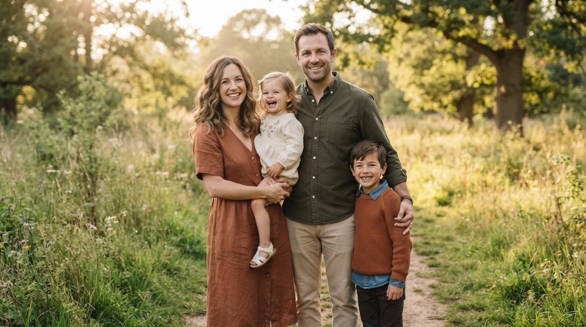 A family of four posing together outdoors wearing complementary earth-tone outfits with coordinating textures and colors, smiling naturally in natural sunlight