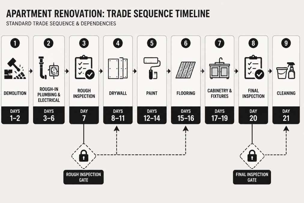 Timeline flowchart showing standard trade sequence for an apartment renovation: demolition days 1-2, rough-in plumbing and electrical days 3-6, rough inspection day 7, drywall days 8-11, paint days 12-14, flooring days 15-16, cabinetry and fixtures days 17-19, final inspection day 20, cleaning day 21. ### The Standard Trade Order for Apartment Units The order below holds for nearly every apartment renovation, with minor swaps for specialty work: 1. Demolition and debris removal 2. Rough-in plumbing and electrical 3. Rough inspection 4. Insulation and drywall 5. Painting and primer 6. Flooring installation 7. Cabinetry, countertops, and fixtures 8. Final inspection 9. [Post-construction cleaning