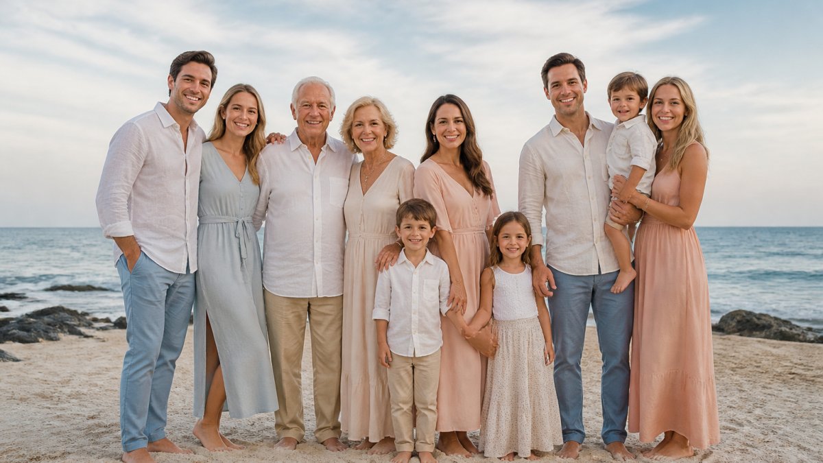 Diagram illustrating coordinated neutral and pastel outfit combinations for a multigenerational beach photoshoot.