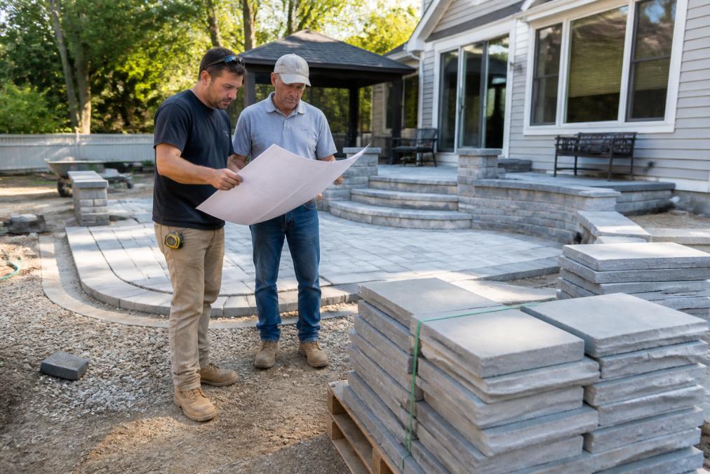 Professional illustration showing contractor and homeowner and reviewing concepts for coordinating hardscaping