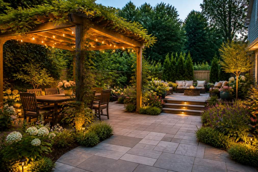 Professional illustration showing beautifully and finished and backyard concepts for coordinating hardscaping