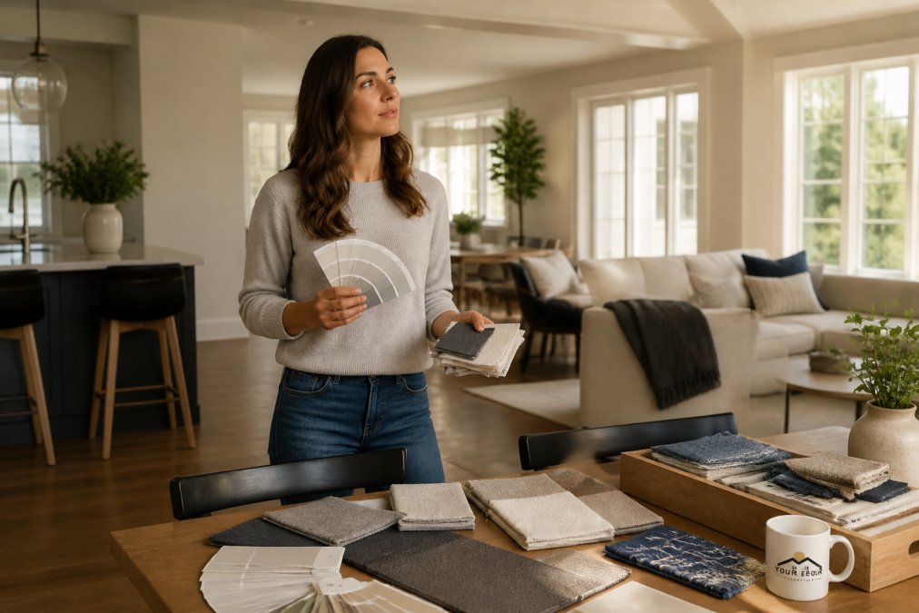 A person standing in a bright, open-concept living room holding fabric swatches and paint color samples, looking thoughtfully at the space with natural sunlight streaming through large windows