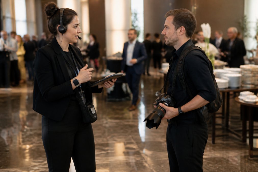 Event coordinator wearing headset communicating with photographer on venue floor, showing real-time coordination with clear sightlines and designated check-in points