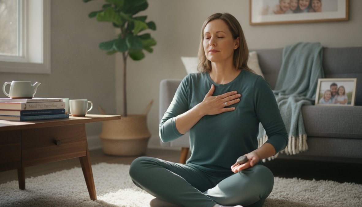 Adult in a quiet home environment sitting peacefully on a couch with eyes closed, hand on chest, practicing deep breathing with soft natural light coming through the window