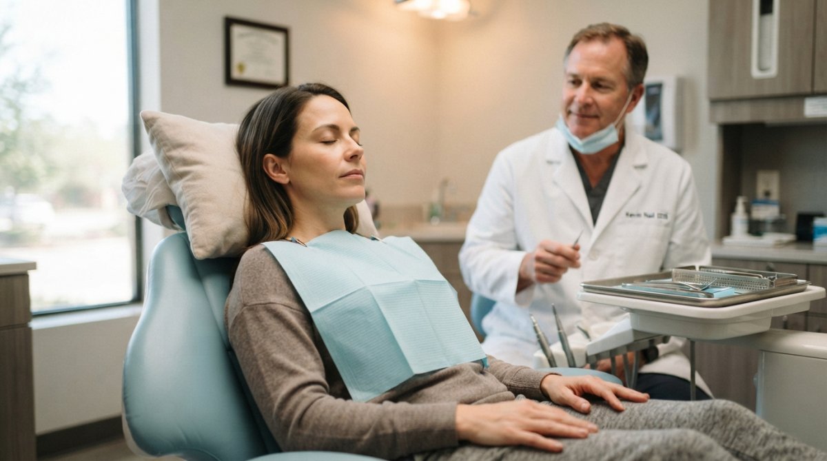 Patient practicing a grounding technique in a dental chair to manage dental panic attacks while a dentist waits.