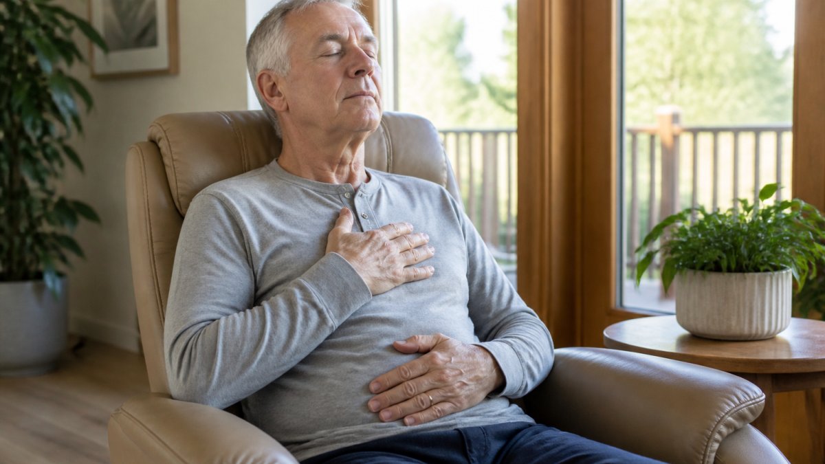 A man in his sixties sitting comfortably in a recliner at home, eyes closed, one hand resting on his chest and the other on his abdomen, practicing deep diaphragmatic breathing in a bright, calm living room with soft natural light