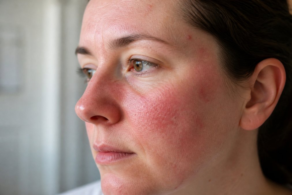Close-up of a person's face showing visible skin sensitivity with redness and irritated patches across cheeks and forehead in natural daylight