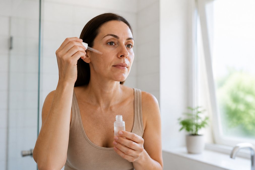 Person applying lightweight serum to clean facial skin in a bright, calm bathroom setting with natural window light, followed by application of moisturiser