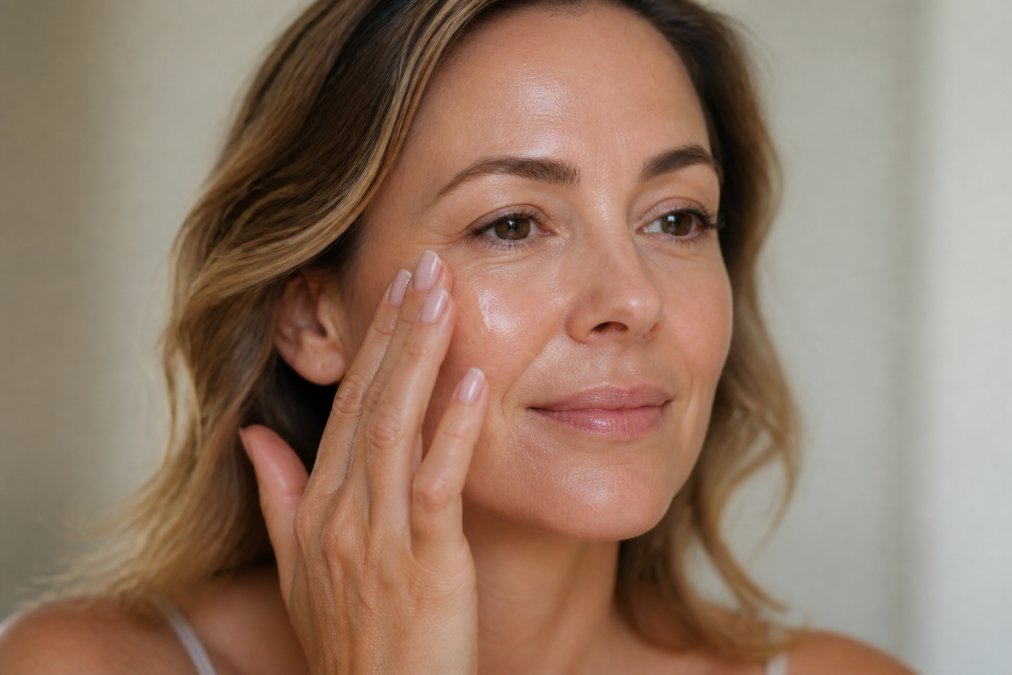 Close-up of a woman in her 40s gently applying a clear serum to her cheek and under-eye area, smooth glowing skin visible in soft natural light, photographed against a neutral background with warm diffused light
