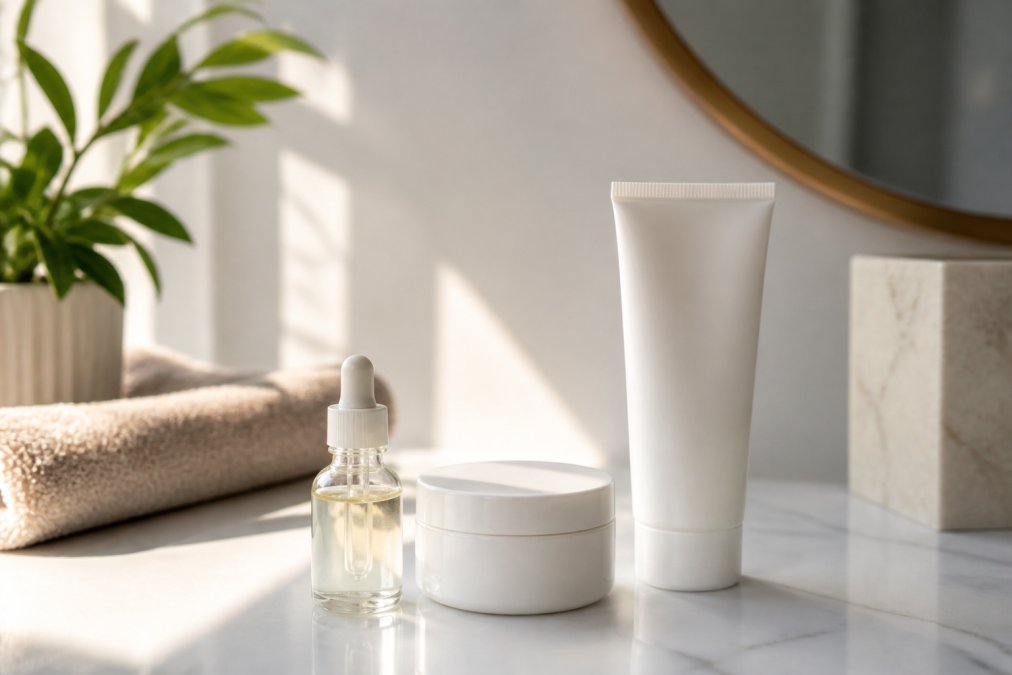 Flat lay of a minimalist skincare routine: a small glass serum bottle with a dropper, a white moisturizer jar, and a facial cleanser arranged neatly on a clean white bathroom counter with soft warm morning light streaming from the left