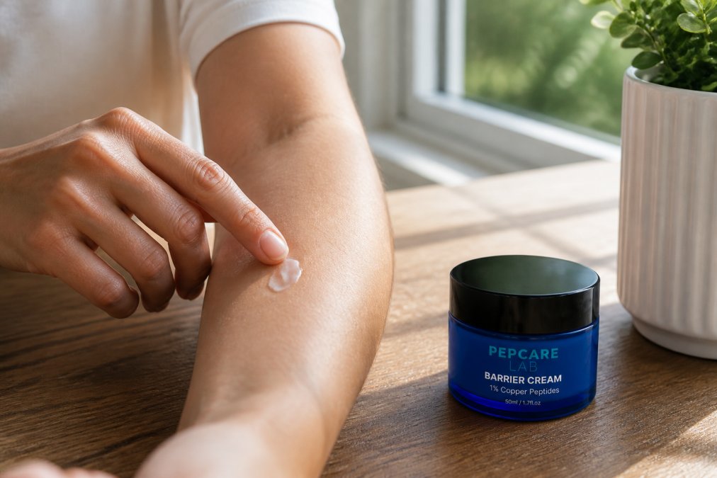 Close-up of a person's inner forearm with a small droplet of copper peptide serum being applied, clear skin tone visible, natural daylight streaming through a window