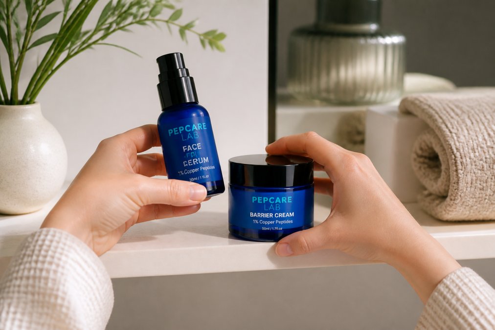 Hands holding Pepcare Lab Face Serum and Barrier Cream bottles on a minimalist bathroom shelf with soft natural morning light, calm and organised setting
