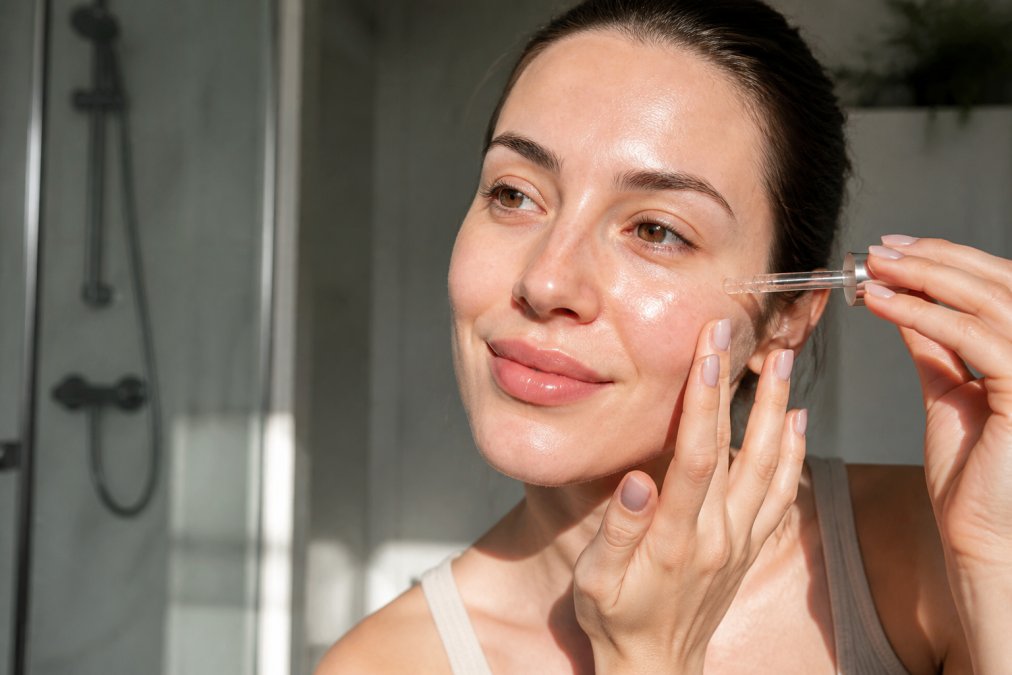 Person applying lightweight serum to their face, showing healthy glowing skin texture with natural morning light streaming across their face