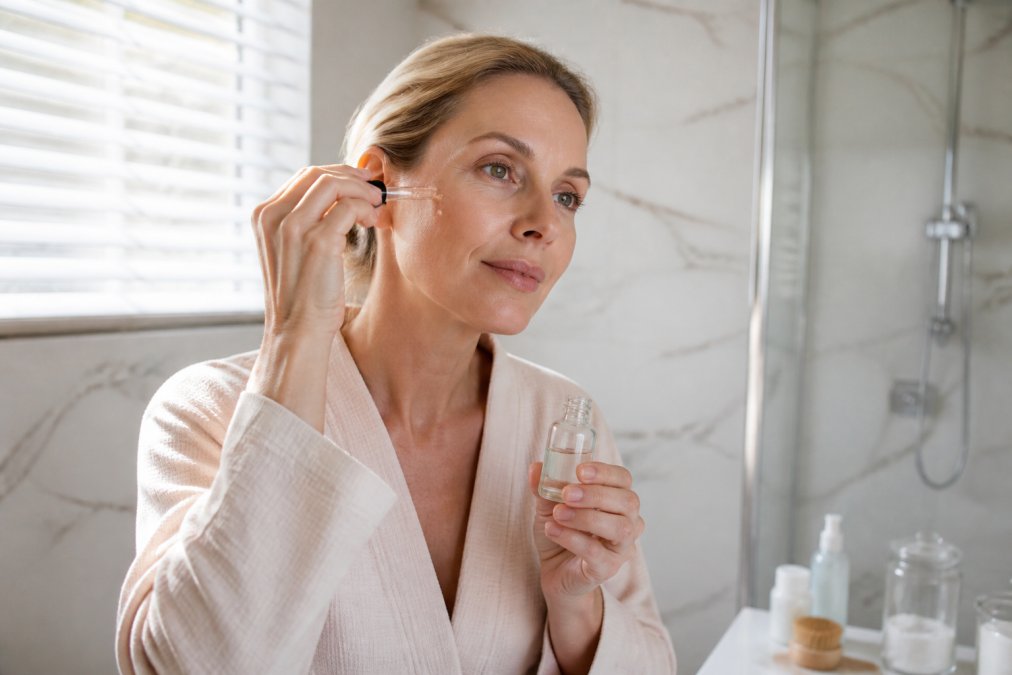 A woman in her 40s applying a drop of serum to her cheek in a bright bathroom, holding the bottle in her other hand, soft natural light