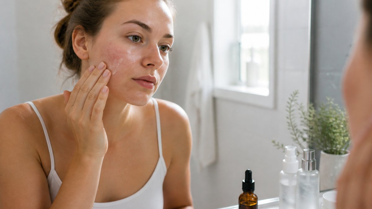 Close-up of a woman with sensitive skin applying a lightweight serum to her cheek with her fingertips in a bright bathroom, minimal skincare bottles on the counter beside her