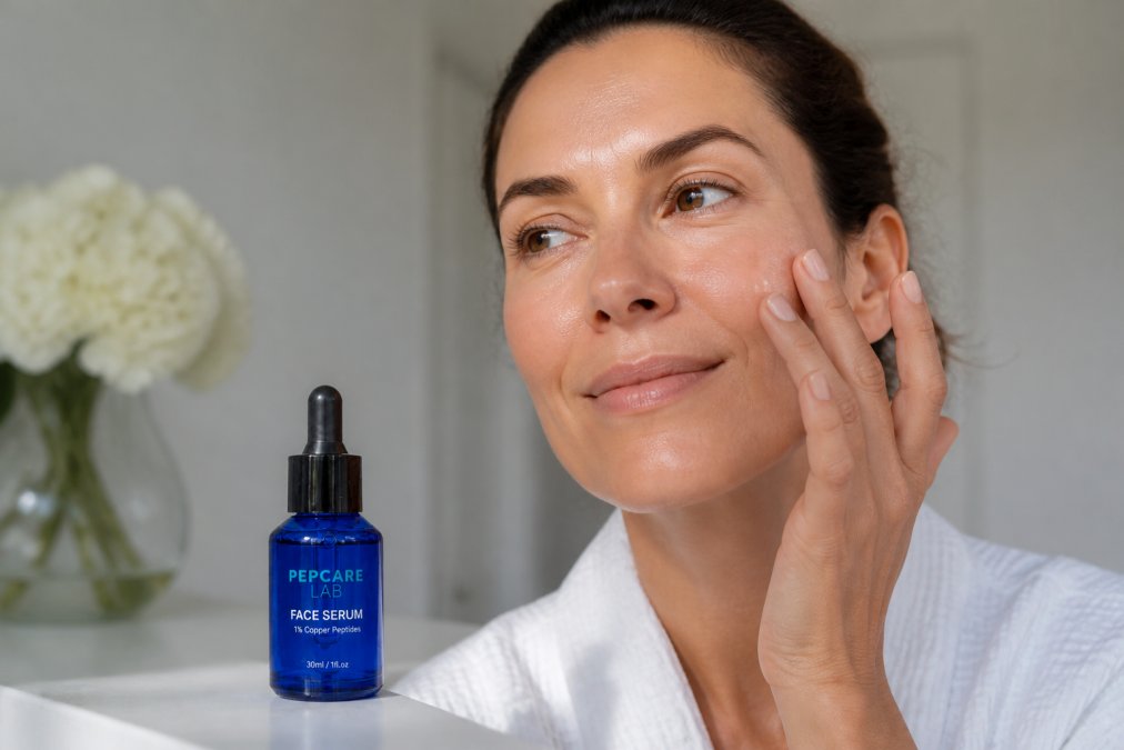 Close-up of a woman in her late 30s gently pressing a clear serum into her cheekbone with her fingertips, soft morning light illuminating smooth, even-toned skin against a neutral background